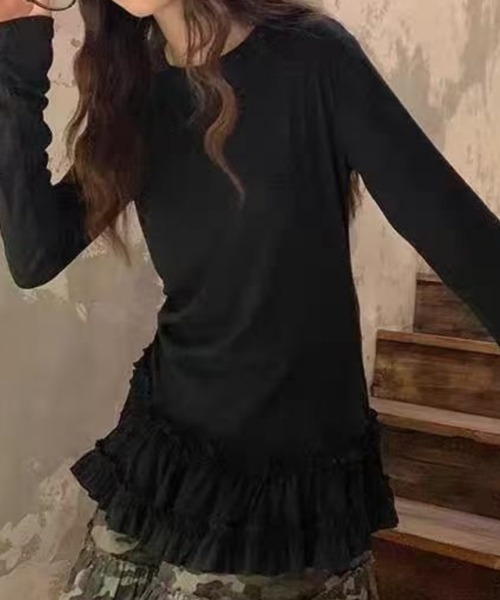 Ritzy(リッツィー)の「シースルー 裾フリルレイヤード カットソー(Tシャツ/カットソー・レディース・ホワイト/ブラック・S/M/L/XL)」の4枚目の写真