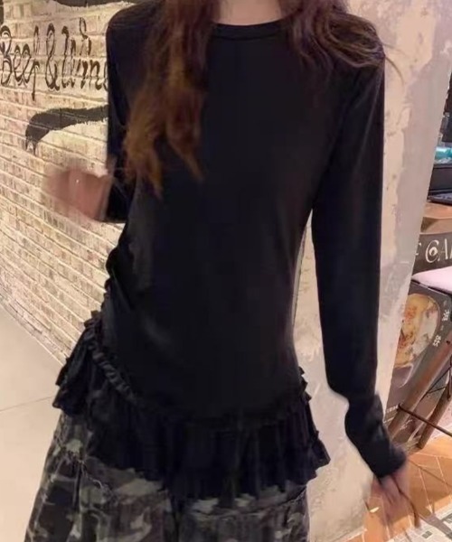 Ritzy(リッツィー)の「シースルー 裾フリルレイヤード カットソー(Tシャツ/カットソー・レディース・ホワイト/ブラック・S/M/L/XL)」の11枚目の写真