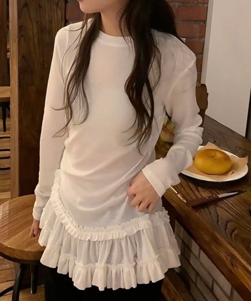 Ritzy(リッツィー)の「シースルー 裾フリルレイヤード カットソー(Tシャツ/カットソー・レディース・ホワイト/ブラック・S/M/L/XL)」の12枚目の写真