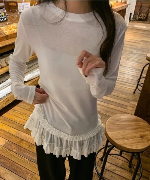 Ritzy(リッツィー)の「シースルー 裾フリルレイヤード カットソー(Tシャツ/カットソー・レディース・ホワイト/ブラック・S/M/L/XL)」の17枚目の写真
