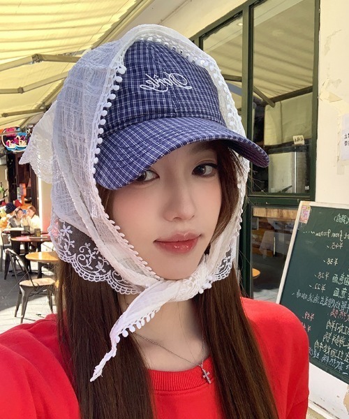 SHEPP（シープ）の「ワンポイント刺繍 チェック ベースボールキャップ（キャップ・レディース・ホワイト/ブルー/アイボリー・F）」の9枚目の写真