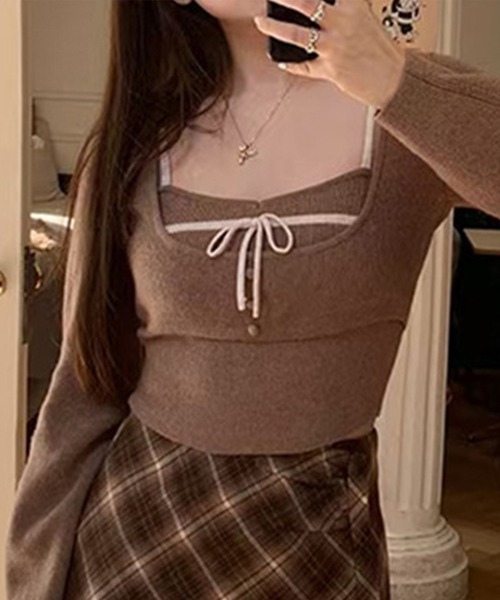 Jasmine Grandiflorum（ジャスミングランディフローラム）の「【Jasmine】 アンサンブル リボンキャミソール+ニットトップス（アンサンブル・レディース・アイボリー/ブラウン/ブラック・FREE）」の3枚目の写真