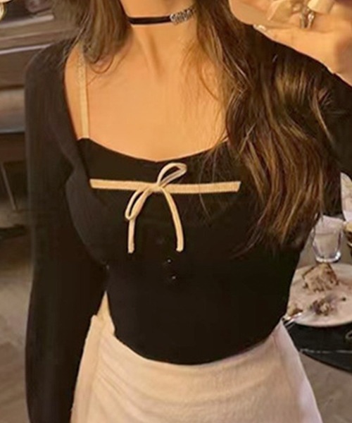 セール】【Jasmine】 アンサンブル リボンキャミソール+ニットトップス