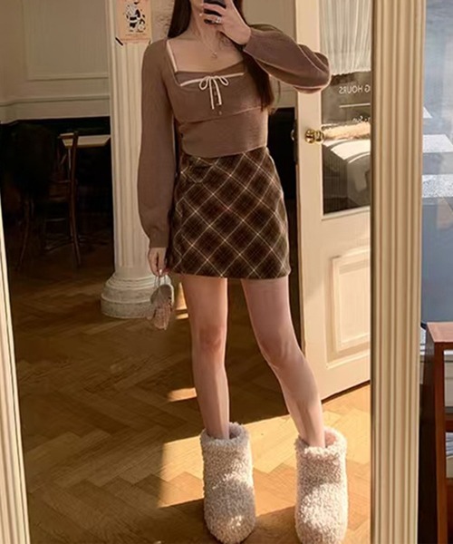 Jasmine Grandiflorum（ジャスミングランディフローラム）の「【Jasmine】 アンサンブル リボンキャミソール+ニットトップス（アンサンブル・レディース・アイボリー/ブラウン/ブラック・FREE）」の5枚目の写真