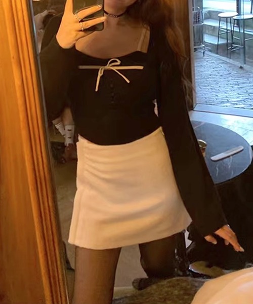 Jasmine Grandiflorum（ジャスミングランディフローラム）の「【Jasmine】 アンサンブル リボンキャミソール+ニットトップス（アンサンブル・レディース・アイボリー/ブラウン/ブラック・FREE）」の6枚目の写真