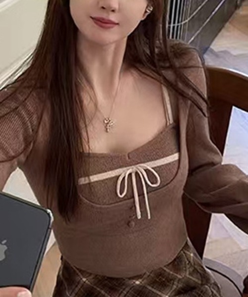 Jasmine Grandiflorum（ジャスミングランディフローラム）の「【Jasmine】 アンサンブル リボンキャミソール+ニットトップス（アンサンブル・レディース・アイボリー/ブラウン/ブラック・FREE）」の9枚目の写真