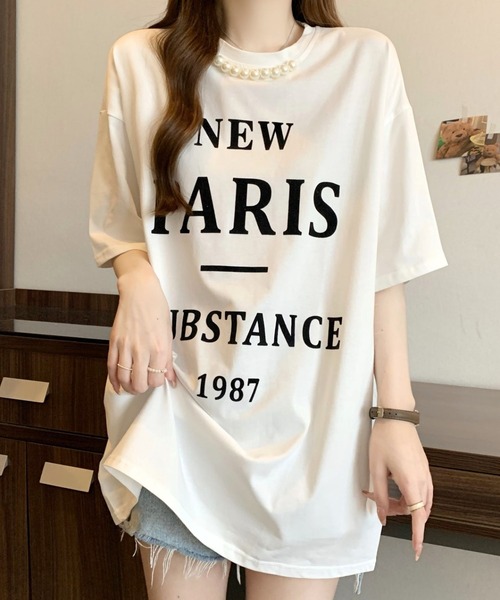 CANVAS+（キャンバスプラス）の「【CANVAS+】パール付きプリントルーズTシャツ（Tシャツ/カットソー・レディース・グレー/ホワイト/ブラック・M）」の2枚目の写真