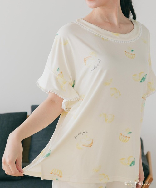 fran de lingerie(フランデランジェリー)の「「tororelax とろリラ」フレア袖 プルオーバー&クロップドパンツ セットアップ(ルームウェア/パジャマ・レディース・ブラック/ネイビー/コーラルピンク/アイボリー・M-L)」の10枚目の写真