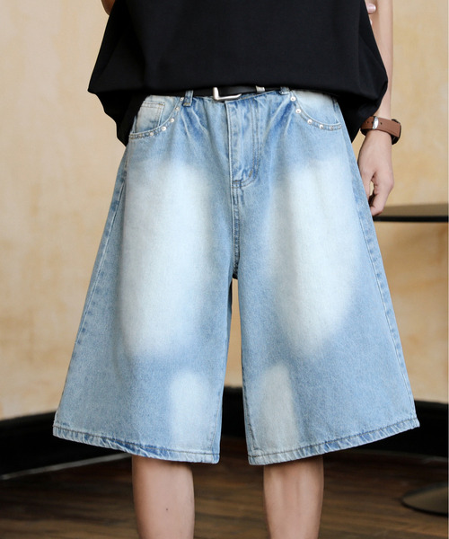 Washed Jeans Unisex パール スタッズ デニムパンツ ウォッシュ パール付デニムパンツ | AND ON JIONE STORE（アンドオン