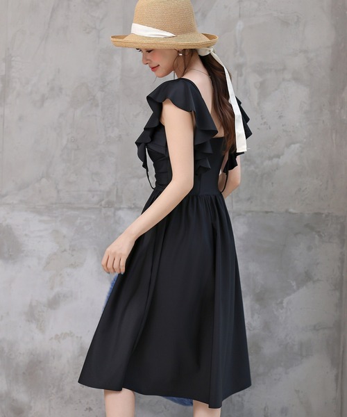 TeddyShop（テディショップ）の「レディース水着 スクエアネックフリルロングフレアワンピース+ハイウエストショーツ 2点セット（水着・レディース・ブラック・S/M/LL/L）」の10枚目の写真