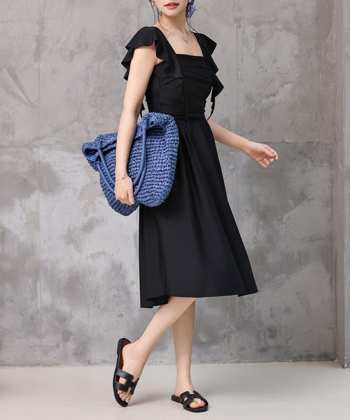 TeddyShop（テディショップ）の「レディース水着 スクエアネックフリルロングフレアワンピース+ハイウエストショーツ 2点セット（水着・レディース・ブラック・S/M/LL/L）」の7枚目の写真