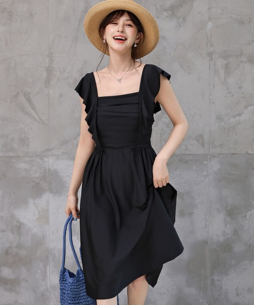 TeddyShop（テディショップ）の「レディース水着 スクエアネックフリルロングフレアワンピース+ハイウエストショーツ 2点セット（水着・レディース・ブラック・S/M/LL/L）」の5枚目の写真