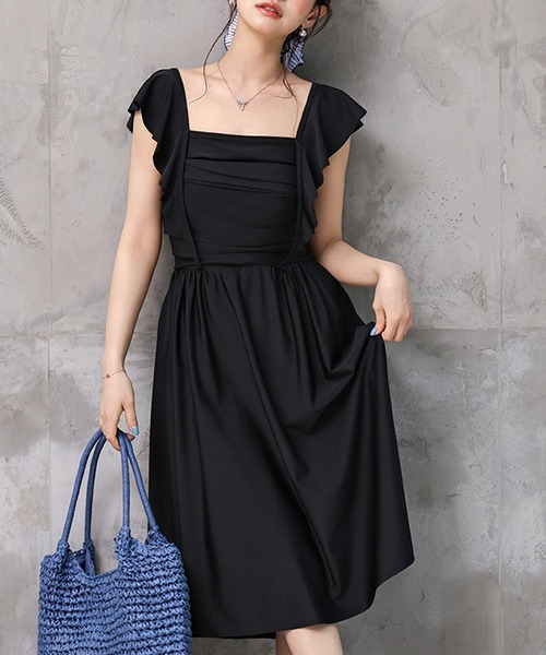 TeddyShop（テディショップ）の「レディース水着 スクエアネックフリルロングフレアワンピース+ハイウエストショーツ 2点セット（水着・レディース・ブラック・S/M/LL/L）」の4枚目の写真