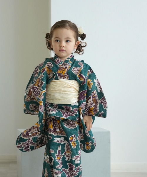 utatane 浴衣 キッズ浴衣3点セット ニコアンティーク 青緑の