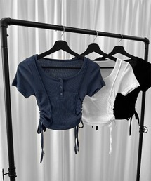 LVEU. | 【LVEU.】サイドシャーリングクロップドトップス / トップス カットソー リブ 半袖 シャーリング ボタン Uネック クロップド ショート ブラック ホワイト ネイビー(Tシャツ/カットソー)