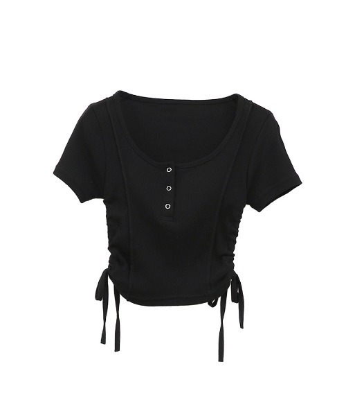 LVEU.(ラブユ.)の「【LVEU.】サイドシャーリングクロップドトップス / トップス カットソー リブ 半袖 シャーリング ボタン Uネック クロップド ショート ブラック ホワイト ネイビー(Tシャツ/カットソー・レディース・ホワイト/ブラック/ネイビー・FREE)」の5枚目の写真