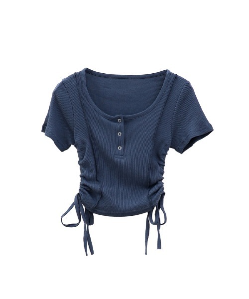 LVEU.(ラブユ.)の「【LVEU.】サイドシャーリングクロップドトップス / トップス カットソー リブ 半袖 シャーリング ボタン Uネック クロップド ショート ブラック ホワイト ネイビー(Tシャツ/カットソー・レディース・ホワイト/ブラック/ネイビー・FREE)」の6枚目の写真