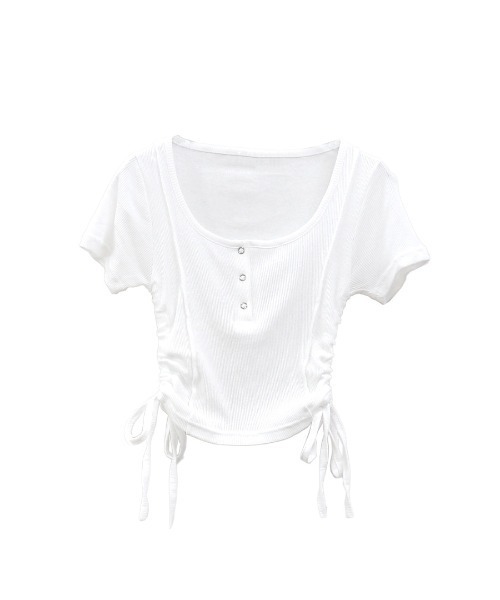 LVEU.(ラブユ.)の「【LVEU.】サイドシャーリングクロップドトップス / トップス カットソー リブ 半袖 シャーリング ボタン Uネック クロップド ショート ブラック ホワイト ネイビー(Tシャツ/カットソー・レディース・ホワイト/ブラック/ネイビー・FREE)」の7枚目の写真