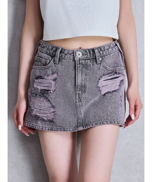 GYDA ハイウエストGDembossダメージスカートライクデニムショートパンツ ハイウエストダメージスカートライクデニムショートパンツ