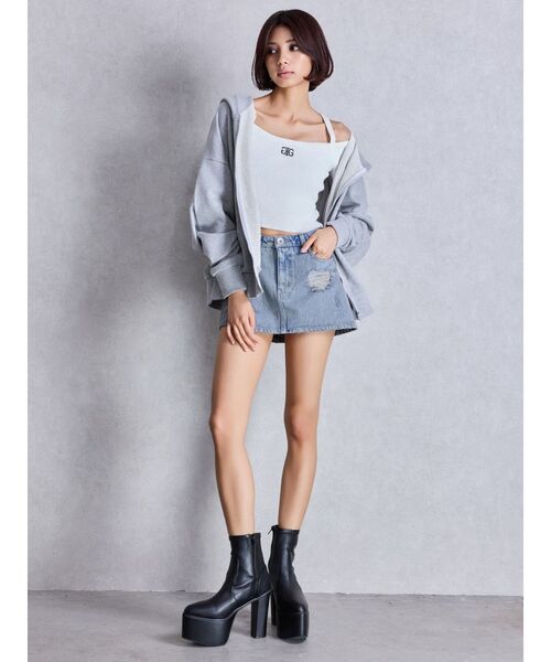 GYDA ハイウエストGDembossダメージスカートライクデニムショートパンツ ジェイダ GYDA ハイウエストダメージスカートライクデニム