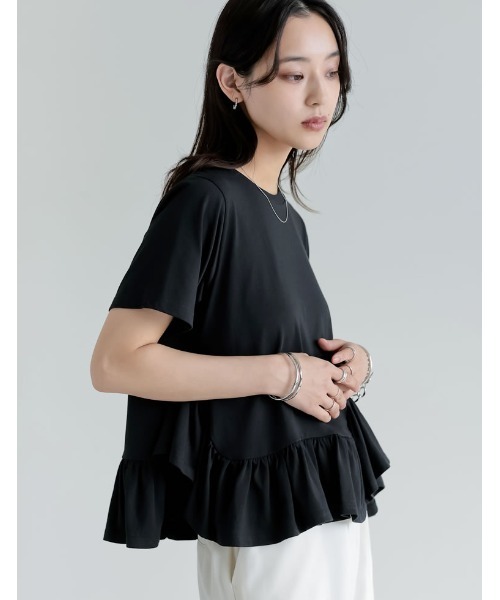 Re:EDIT（リエディ）の「[接触冷感][UVカット]コットン天竺フリルヘムTシャツ（Tシャツ/カットソー・レディース・ホワイト/ブラック・MEDIUM/LARGE）」の12枚目の写真