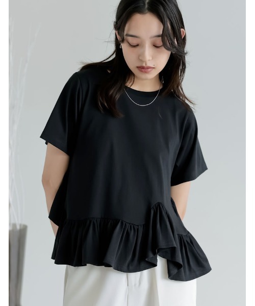 Re:EDIT（リエディ）の「[接触冷感][UVカット]コットン天竺フリルヘムTシャツ（Tシャツ/カットソー・レディース・ホワイト/ブラック・MEDIUM/LARGE）」の15枚目の写真