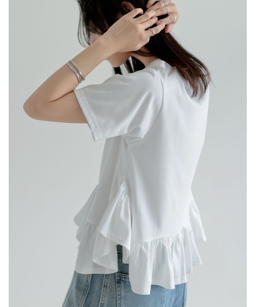 Re:EDIT（リエディ）の「[接触冷感][UVカット]コットン天竺フリルヘムTシャツ（Tシャツ/カットソー・レディース・ホワイト/ブラック・MEDIUM/LARGE）」の9枚目の写真