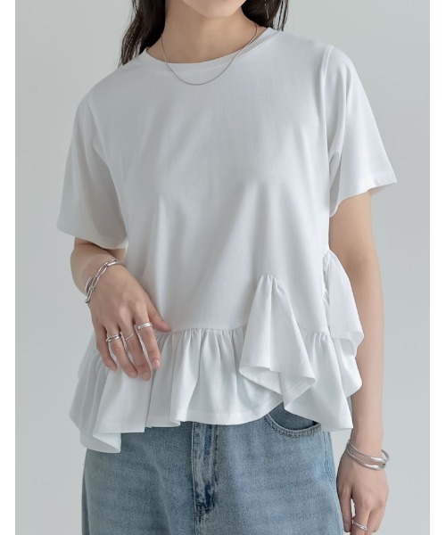 Re:EDIT（リエディ）の「[接触冷感][UVカット]コットン天竺フリルヘムTシャツ（Tシャツ/カットソー・レディース・ホワイト/ブラック・MEDIUM/LARGE）」の10枚目の写真