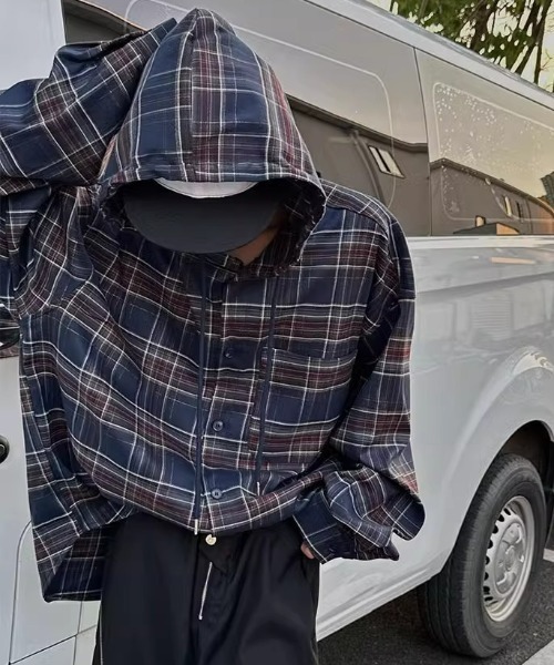 link lot（リンクロット）の「フード付きダークチェックシャツ（シャツ/ブラウス・メンズ・ネイビー・M）」の8枚目の写真