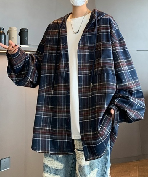 link lot（リンクロット）の「フード付きダークチェックシャツ（シャツ/ブラウス・メンズ・ネイビー・M）」の20枚目の写真