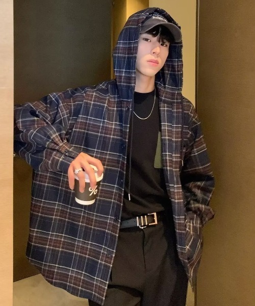 link lot（リンクロット）の「フード付きダークチェックシャツ（シャツ/ブラウス・メンズ・ネイビー・M）」の21枚目の写真