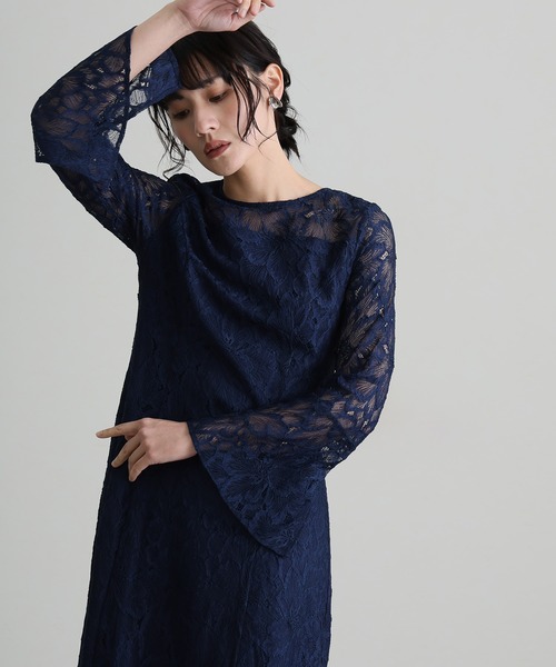 セール】総レースベルスリーブロングAラインリボンフレアパーティー