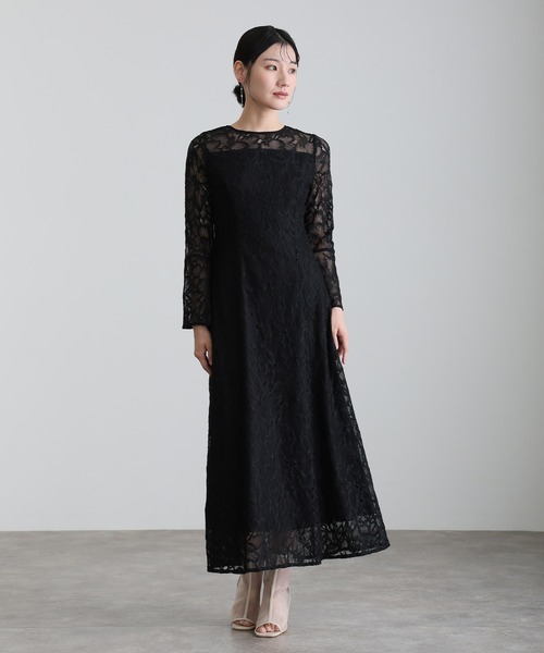 セール】総レースベルスリーブロングAラインリボンフレアパーティー