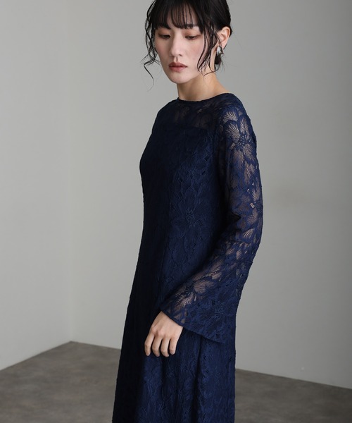 atlo(アトロ)の「総レース ベルスリーブ ロング Aライン リボン フレア パーティー ドレス セレモニー ミモレ丈&袖あり 結婚式 二次会 フォーマル オケージョンドレス 同窓会 成人式 お呼ばれ 謝恩会 20代 30代(ドレス・レディース・ネイビー/チャコール/ブラック・M/L/XL/XXL)」の17枚目の写真