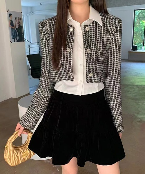 Jasmineさま専用rosy monster ジャケット グレーF 超美品 Jasmine】千鳥柄ノンカラージャケット+グロップドシャツベスト