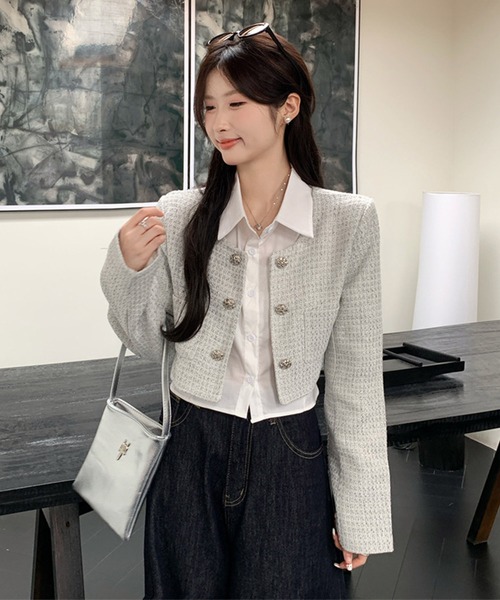 ジャスミン Jasmine】千鳥柄ノンカラージャケット＋グロップドシャツベスト