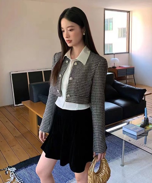 Jasmine】千鳥柄ノンカラージャケット＋グロップドシャツベスト