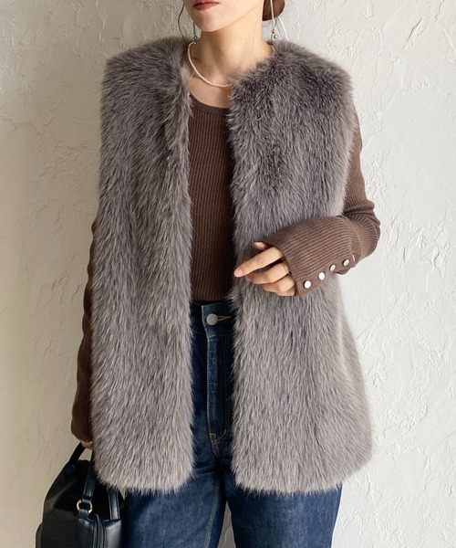 セール】ノーカラーミドル丈ボリュームフェイクファーベスト（ベスト