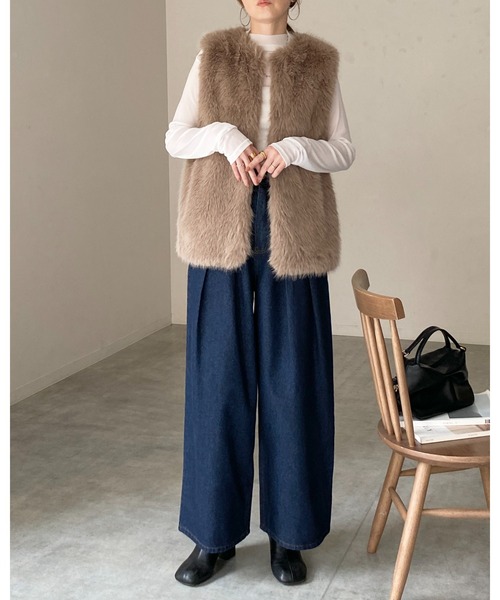 【no.】ファーベスト セール】ノーカラーミドル丈ボリュームフェイクファーベスト（ベスト