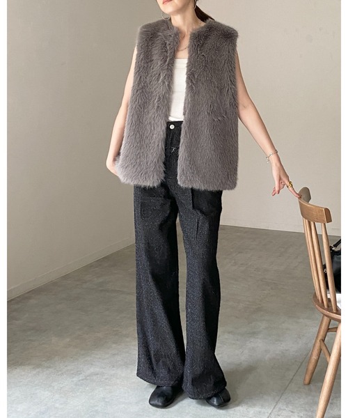 【no.】ファーベスト セール】ノーカラーミドル丈ボリュームフェイクファーベスト（ベスト