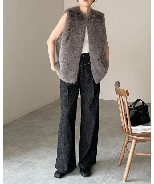 セール】ノーカラーミドル丈ボリュームフェイクファーベスト（ベスト