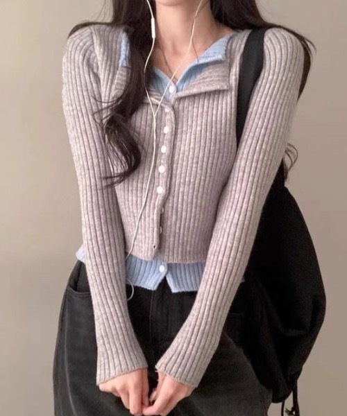 FUNdaysion(ファンデイション)の「配色レイヤード風ニットトップス(ニット/セーター・レディース・ブラック/グレー/レッド・M)」の3枚目の写真