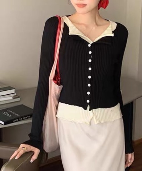 FUNdaysion(ファンデイション)の「配色レイヤード風ニットトップス(ニット/セーター・レディース・ブラック/グレー/レッド・M)」の8枚目の写真