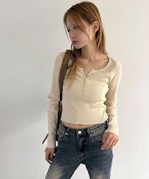 ヘンリーネック リブ ロングスリーブ Tシャツ