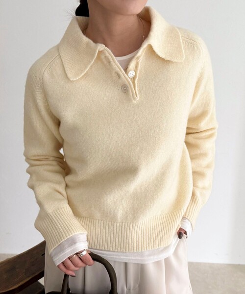 fredy emue（フレディエミュ）の「ポロ衿ニットプルオーバー（ニット/セーター・レディース・サックスブルー/アイボリー/チャコールグレー・38）」の14枚目の写真