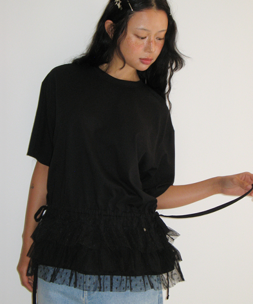 RONRON(ロンロン)の「DOUBLE LAYERED SHIRRING SHORT T SHIRT BLACK(Tシャツ/カットソー・レディース・その他・FREE)」の1枚目の写真