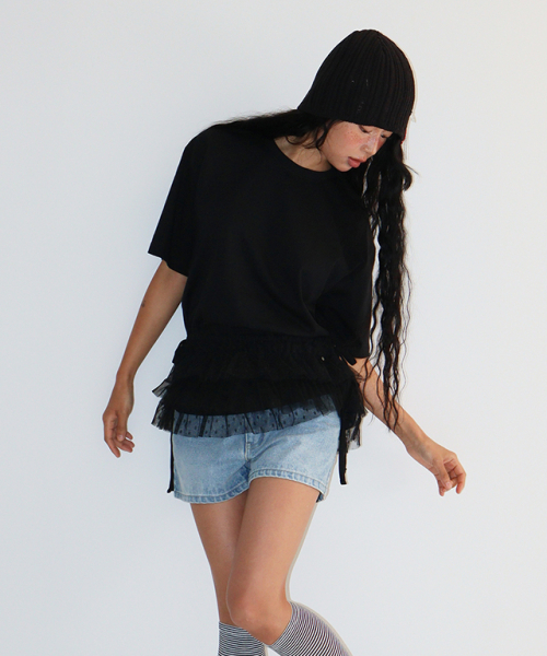 RONRON(ロンロン)の「DOUBLE LAYERED SHIRRING SHORT T SHIRT BLACK(Tシャツ/カットソー・レディース・その他・FREE)」の5枚目の写真