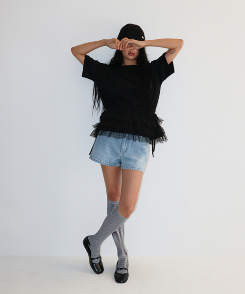 RONRON(ロンロン)の「DOUBLE LAYERED SHIRRING SHORT T SHIRT BLACK(Tシャツ/カットソー・レディース・その他・FREE)」の6枚目の写真