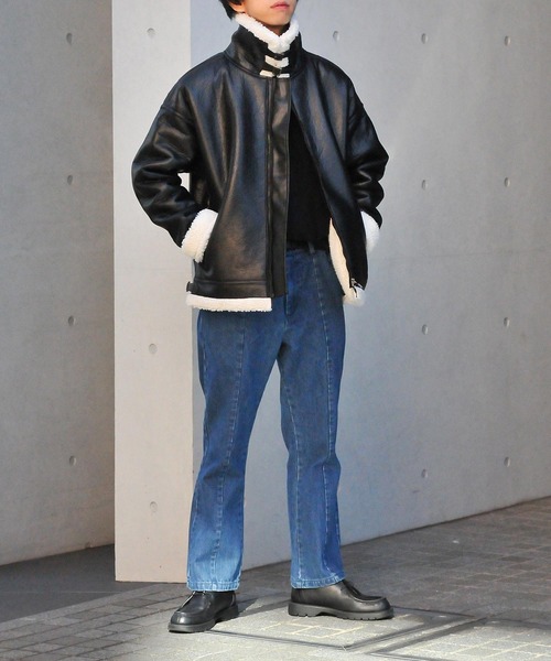 NILWAY（ニルウェイ）の「ヘビーPUレザー裏ボアムートンボンバージャケット / ビッグバルーンシルエット（ブルゾン・メンズ・ブラック×ブラック/ブラック×ホワイト・MEDIUM/LARGE）」の14枚目の写真