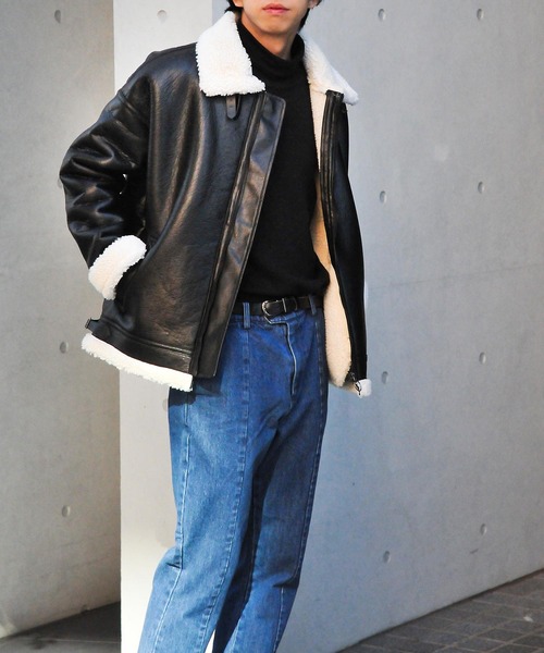 NILWAY（ニルウェイ）の「ヘビーPUレザー裏ボアムートンボンバージャケット / ビッグバルーンシルエット（ブルゾン・メンズ・ブラック×ブラック/ブラック×ホワイト・MEDIUM/LARGE）」の15枚目の写真